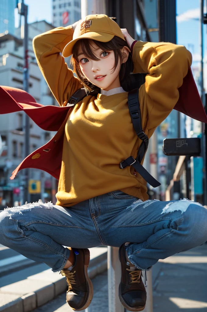 close, Squat、ultra detailed visually rich anime concept art illustration of a woman cap with brown hair, An oversized white sweater hanging off one shoulder, Black ripped jeans. Standing in the city. Higuchi's playful and vibrant colors are cute., Mead's sophisticated and futuristic sound, Particles of light, colorful, CMYK color, Backlight, cyber punk. Split complementary color scheme, Bold, Boldのアウトライン, highest quality, Strong ink lines and dark softbox image, Ray Tracing, Cinematic, HDR Anime, Photorealistic Animation. Ultra-realistic texture, Dramatic lighting, Unreal Engine, Trending on Art Station, Shallow depth of field, Striking colors, rendering,(cap:1.5)