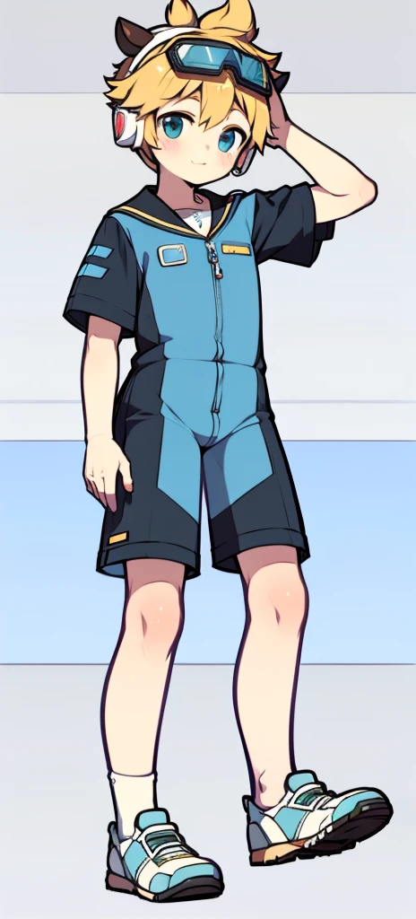 Second dimension boy ager，Siamese spacesuit，horn，Cow ears，Put the headphones on your head，stand up，goggles，sports shoes，Slim，Sailor collar，White knee socks，Short sleeve shorts，Leg ring，cute，happy
