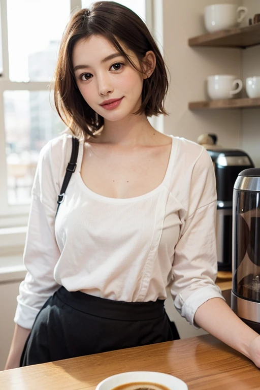 Masterpiece, 8k, (Real, Realistic Photograph), best quality, high resolution, perfect details, ((upper body)), Beautiful face, 1 girl, alone, short hair, smooth, (curling hair), smile, look at viewer, Realistic, A half-Japanese woman who looks like Anne Hathaway stands in front of a coffee maker in a coffee shop., Make coffee, White waist apron no bra, at the counter, White shirt and gray skirt, (cowboy shoot:1.2),