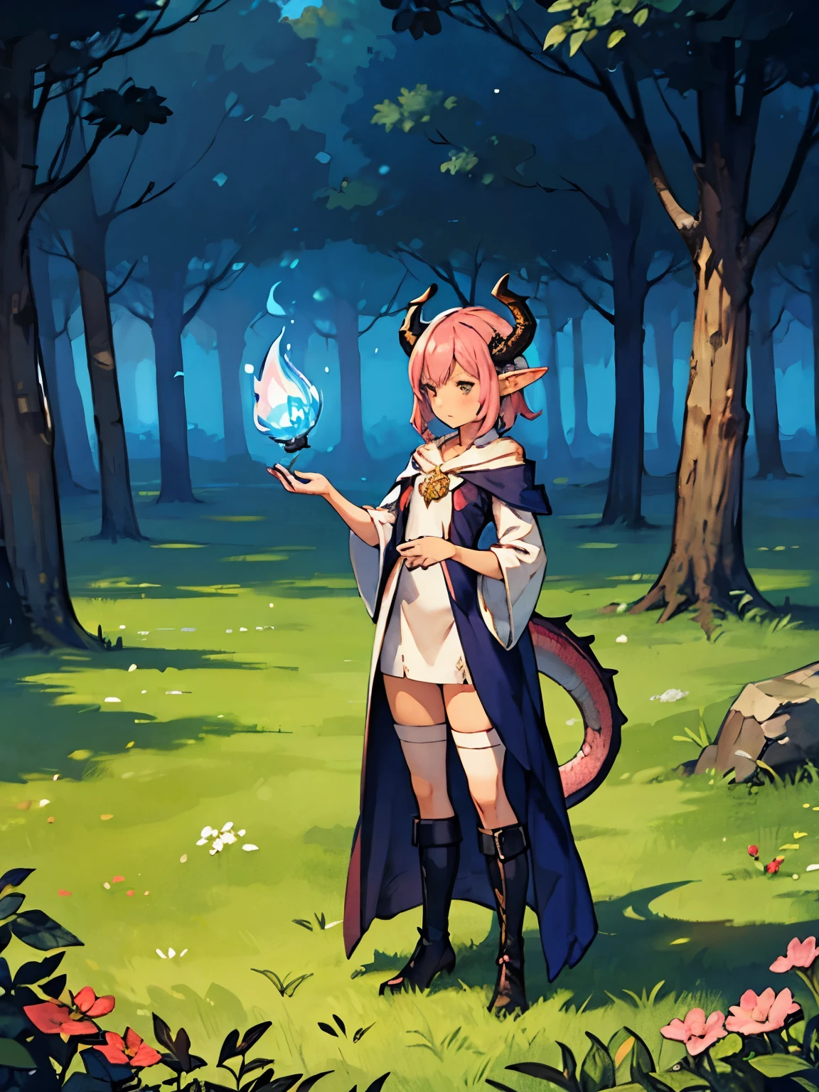 One femboy with dragon horns and tail pink hair and elf ears dressed up as mage  standing in a grassland firing magic