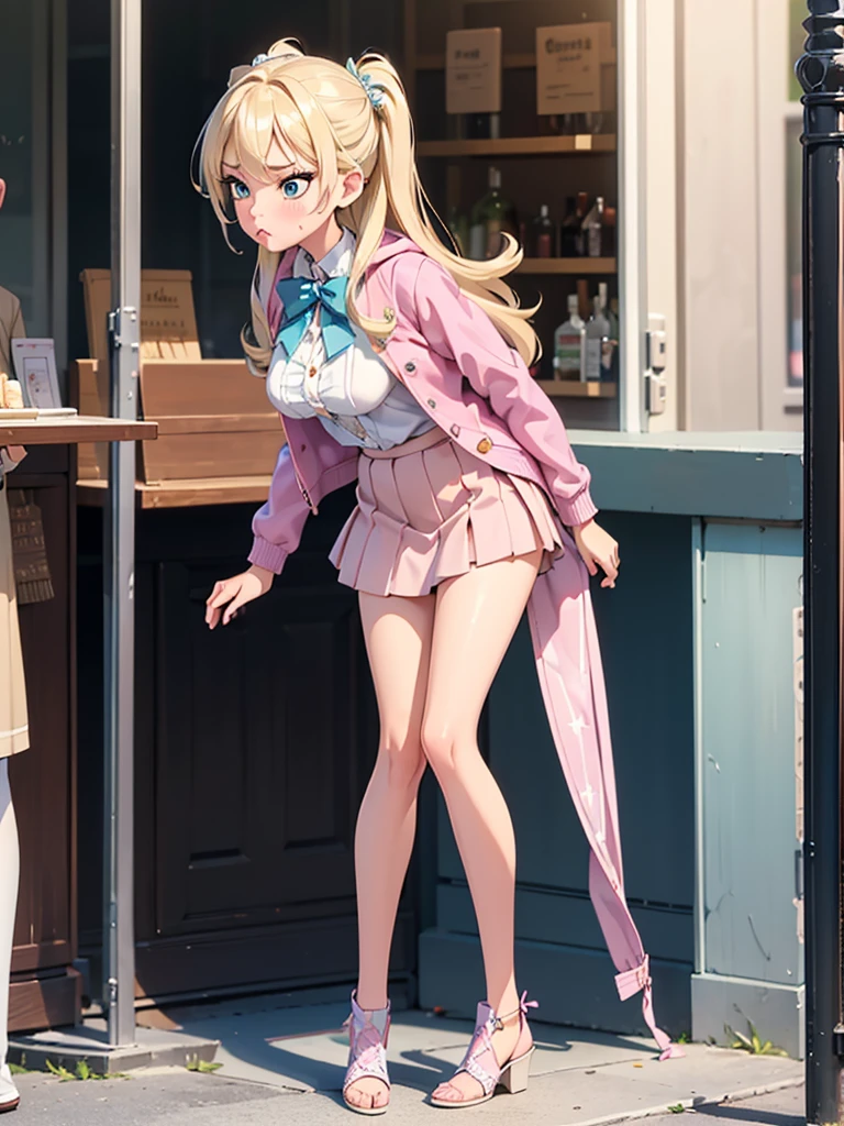 1 masterpiece, perfect image, (((full body))), standing, legs apart. 8k quality, fine details. 1 girl, alone, mature woman, 26 years old long blonde hair, slanted eyes, medium eyes, aquamarine eyes, medium breasts, thick thighs. pink skirt, jacket , open jacket, hood, blue jacket. Looking at the viewer embarrassed, (((very exaggerated pout))), (((pouting))), puffy cheeks exaggerated, hugging  breasts. Accidental exposure, lifting skirt, upskirt, white panties, public indecency, exhibitionism. 