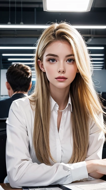 Portrait of young white woman in a busy modern workplace