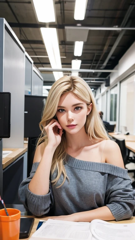 Portrait of young white woman in a busy modern workplace