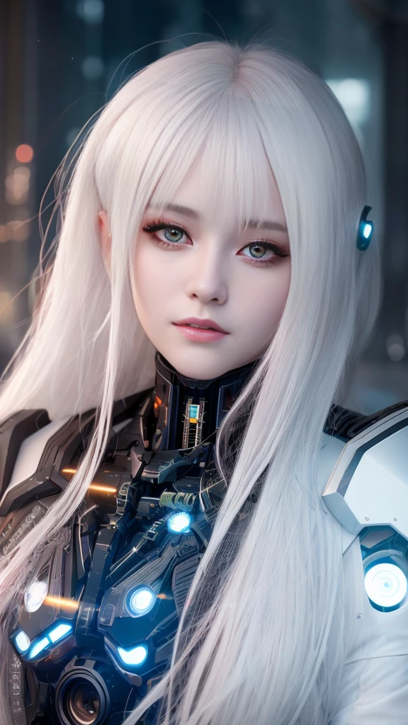 (8K, masterpiece, best quality), Extremely detailed, Delicate and beautiful round eyes, Delicate face, high quality, high resolution, Cyberpunk Girl, , Mecha, ruins, Perfect anatomical structure, white hair, Perfect face, at night, Red moon background