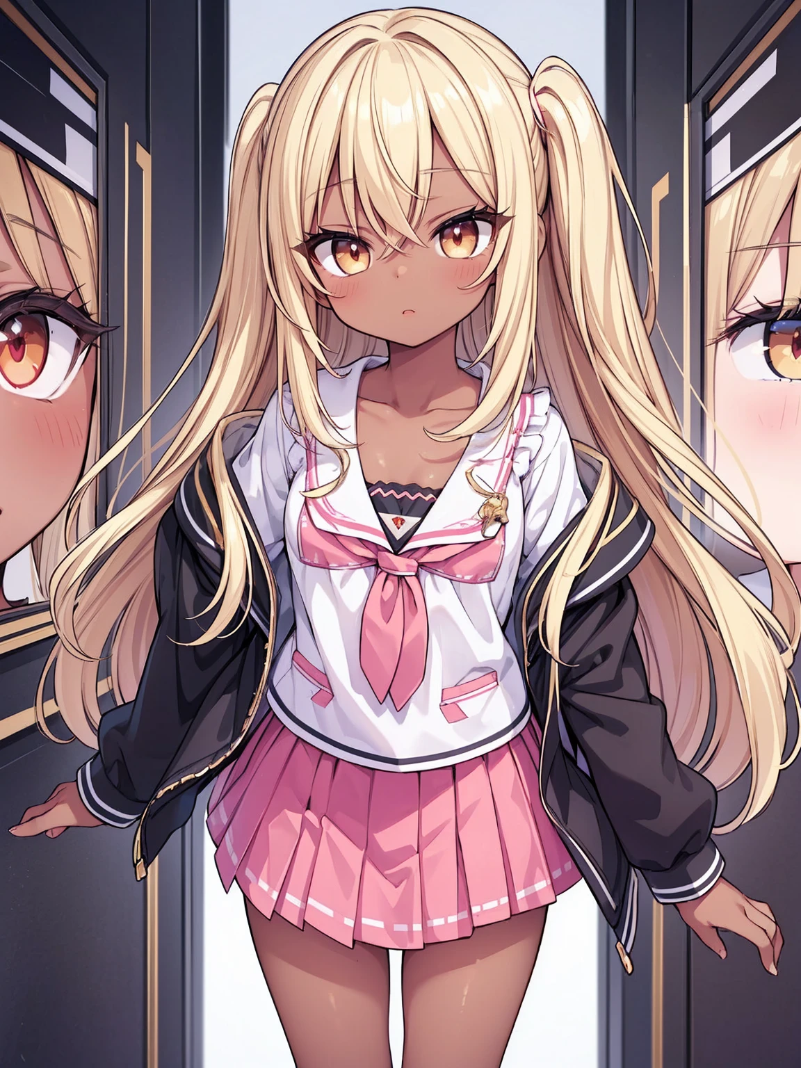 (masterpiece), best quality, highly detailed faces, (SHARP details), 4k, highly detailed, expressive eyes, SHARP detail expressive eyes, (SHARP detail perfect face), ((dark skin)), long hair, ((young girl)), ((flat chest)), ( girl), blonde hair, (gyaru), full body shot, (view from front), (gyaru school shirt), (gyaru school skirt),