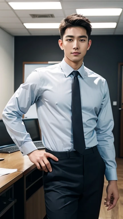 Handsome young business man standing confident in the office in front of his team