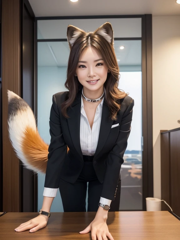 ((highest quality, 32k)), ((masterpiece)), (Familiar), Perfect Face, vixen, Pretty girl, Company Office, Has a tail, She has a northern fox tail., She stands up her fluffy tail, Dog collar, Beautiful hip line, Big Breasts, She is wearing a business suit, A big tail sticks out, smile, Climb on all fours, Nice body