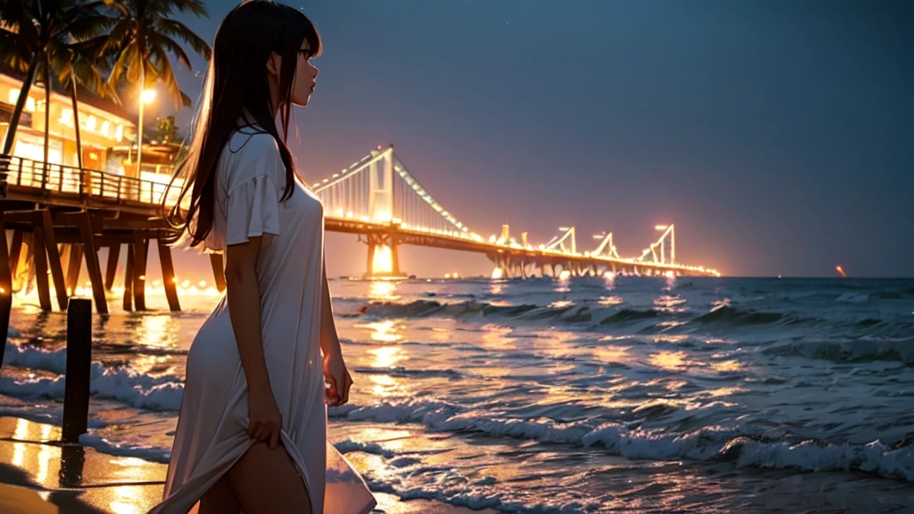 Fantastic, Mysterious, Dazzling Light, Night, Lights Up, ((Full Shot)), Long Tall Top, Beach Beauty (White Rough Fashion), High Quality, ((Healthy Body)), Cool Woman, Long Dark Hair