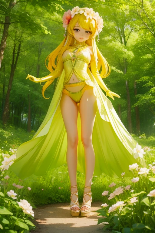 Natural forest in the background,The flower goddess has a hot and sexy body, Second Dimension, Bright and brilliant, Very cute face, Abundant bloom
