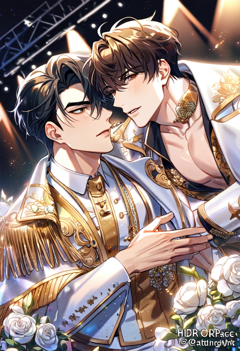 (absurdres, highres, ultra detailed, HDR) master piece, best quality, perfect face, delicated features, black straight hair, with bangs, Kim Dokja x Yoo Joonghyuk, expressive brown eyes, Omniscient reader's viewpoint, two men together, handsome, gay couple, yaoi, toned chest, white idol clothes with accessories, idol, patterns, cape, stage, lights, shining, flowers