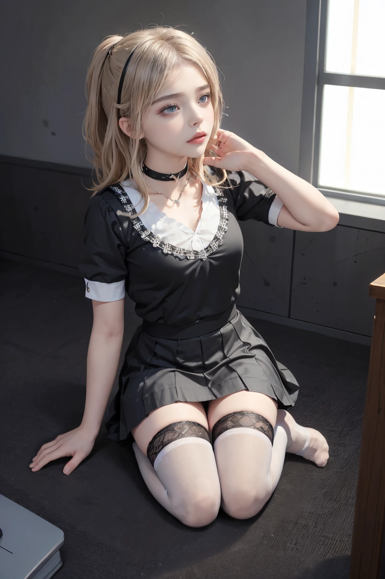 POV, Chloe Grace Moretz, School girl, hands tied up, white and black uniform, white and black skirt, black lace choker, white lace thigh highs, looking at viewer, class room background, kneeling on ground, looking up at viewer, seductive, dark eyeliner, sexy eyeliner, hands tied and bound