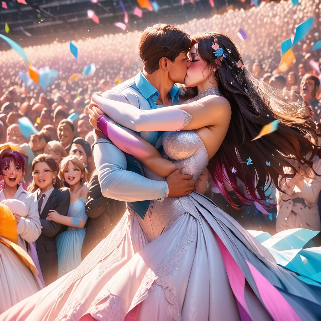 (tight embrace,affectionate hug:1.2)Titans Raven and Starfire (kissing,smooching:1.1)passionately amid their (romantic,wedding photo:1.1)session, wearing (sexy,alluring:1.2) super hero themed wedding dresses. The scene is (filled,packed:bustling) with a (massive,huge,enormous) crowd (cheering,celebrating) their (beautiful,love-filled:blessed) union. The bride's eyes sparkle with (admiration,affection) as the groom's lips tenderly brush against hers. The atmosphere is (electric,exciting) and (overflowing,abounding) with (joy,happiness), capturing the vibrant (energy,aura) of this (momentous,special) occasion.
The medium employed to create this artwork is (masterful,exquisite) illustration, crafted with meticulous attention to detail. The textures are (rich,luxurious) and the colors are vibrant, accentuating the radiance of the scene. The lighting is soft and (romantic,ethereal), casting a subtle glow on the couple, emphasizing their love and creating a dreamlike atmosphere.
The artwork is of the (highest quality,masterpiece:1.2), offering incredible (detail,precision) and (clarity,sharpness). Each stroke of the brush is meticulously placed, resulting in an ultra-detailed, (realistic,photo-realistic:1.37) portrayal of this cherished moment. The image is captured in (highres,4k:1.2), allowing for every nuance and expression to be visible.
The overall artistic style of this piece is a blend of (romanticism,fantasy), with elements of (elegance,sophistication). It beautifully captures the essence of (love,romance) in a (super hero,fantasy) setting, providing a unique and captivating interpretation of this (celebratory,joyous) occasion.
The color palette used in this artwork is a combination of (bold,vibrant) tones, with hints of (pastel,soft) hues. The colors are carefully selected to evoke a sense of (passion,excitement) and (femininity,beauty), enhancing the overall aesthetic of the image.
The (dreamy,soft) lighting illuminates the scene, casting gentle shadows and