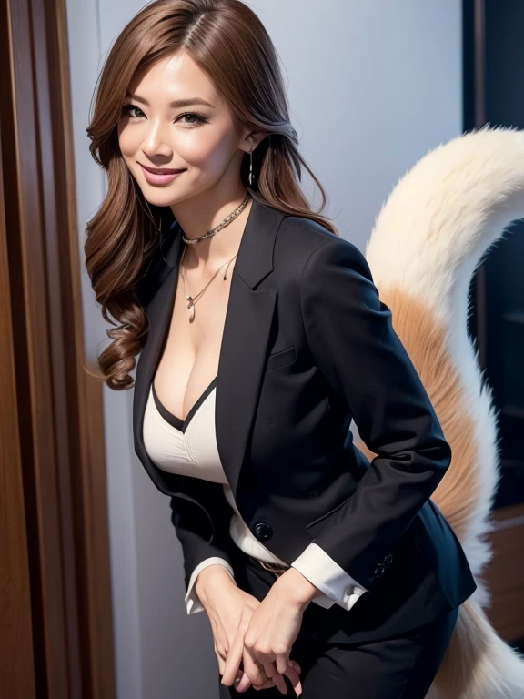 ((highest quality, 32k)), ((masterpiece)), (Familiar), Perfect Face, vixen, Pretty girl, Company Office, Has a tail, She has a northern fox tail., She stands up her fluffy tail, Dog collar, Beautiful hip line, Big Breasts, She is wearing a business suit, A big tail sticks out, smile, Climb on all fours, Nice body