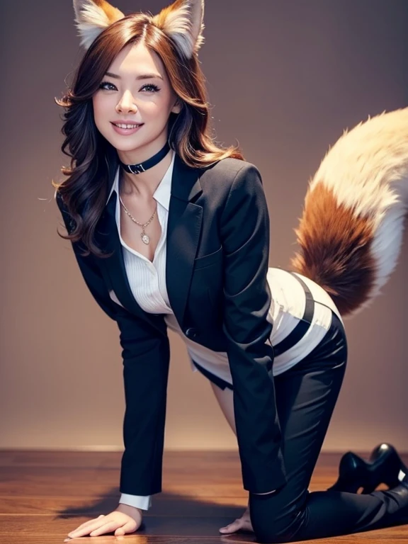 ((highest quality, 32k)), ((masterpiece)), (Familiar), Perfect Face, vixen, Pretty girl, Company Office, Has a tail, She has a northern fox tail., She stands up her fluffy tail, Dog collar, Beautiful hip line, Big Breasts, She is wearing a business suit, A big tail sticks out, smile, Climb on all fours, Nice body