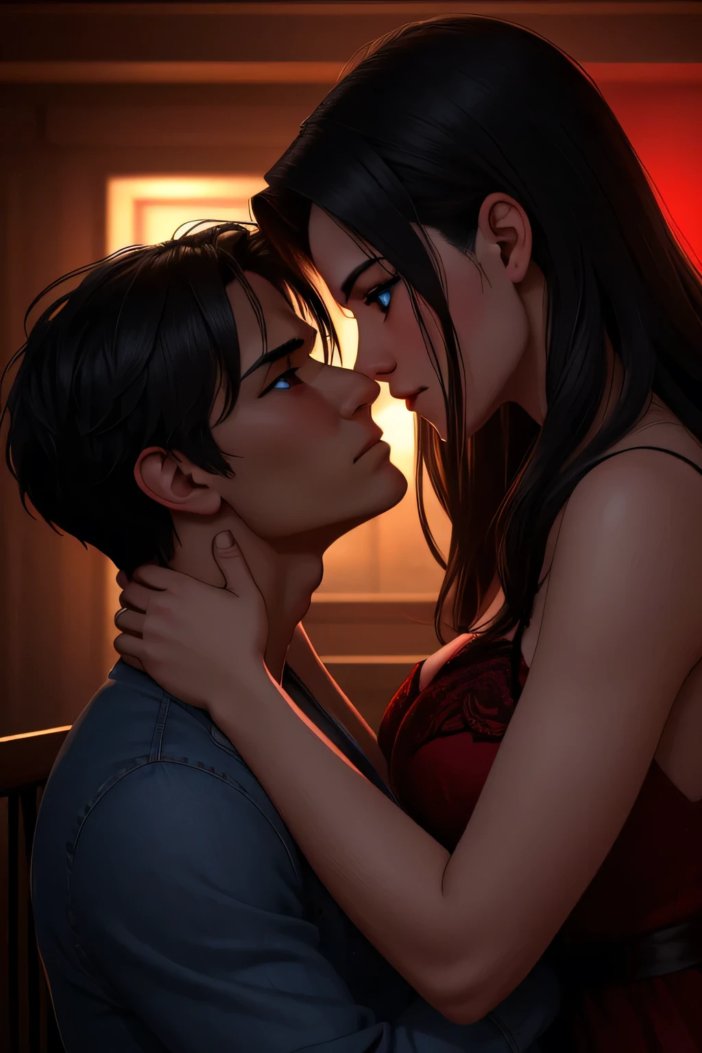 (best quality,4k,8k,highres,masterpiece:1.2),ultra-detailed,(realistic,photorealistic,photo-realistic:1.37),portrait,romantic,dark lighting,red dress,flannel shirt and jeans,sexy girl,sexy boy,passionate kissing,close-up,interior setting,emotion-filled,hot embrace,lustful gaze,seductive atmosphere,deeply intertwined,desire,romantic tension,intimate connection,alluring,fire in their eyes,enticing chemistry,whispered breaths,impassioned interaction,dark romanticism,rousing,erotic tension,emotional intensity,melting into each other,captured desire,flickering flames,yearning,provocative gestures,electric atmosphere,midnight rendezvous,intense attraction,red and black colors,desire written on their faces,unleashed passion,secrets in their eyes,raging desire.