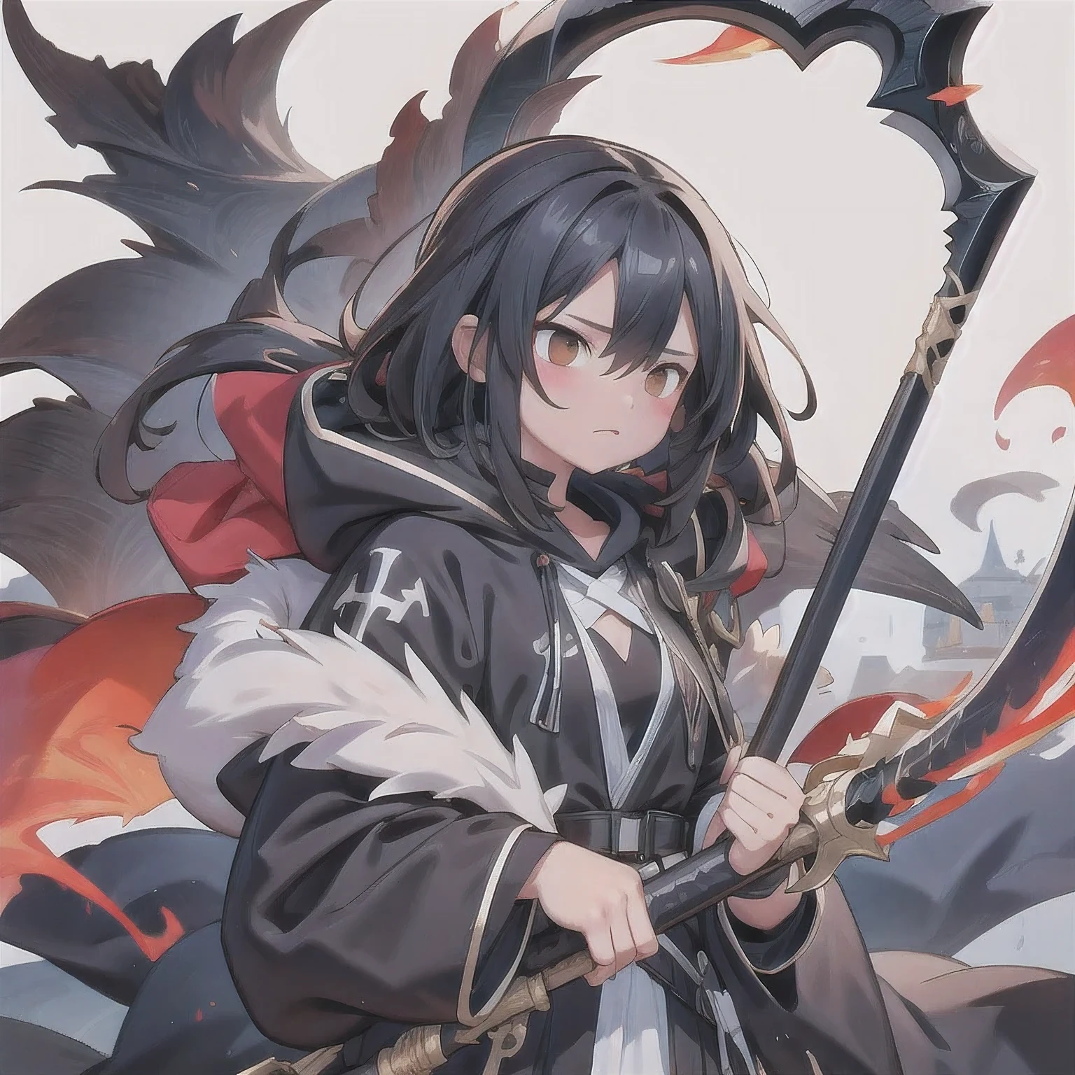 Black Grim Reaper,((flax))Pure white background,Pure black clothes,Pure black hoodie,Pure Black Scythe,Squinting,Dark Canyon,Thick fog rising
