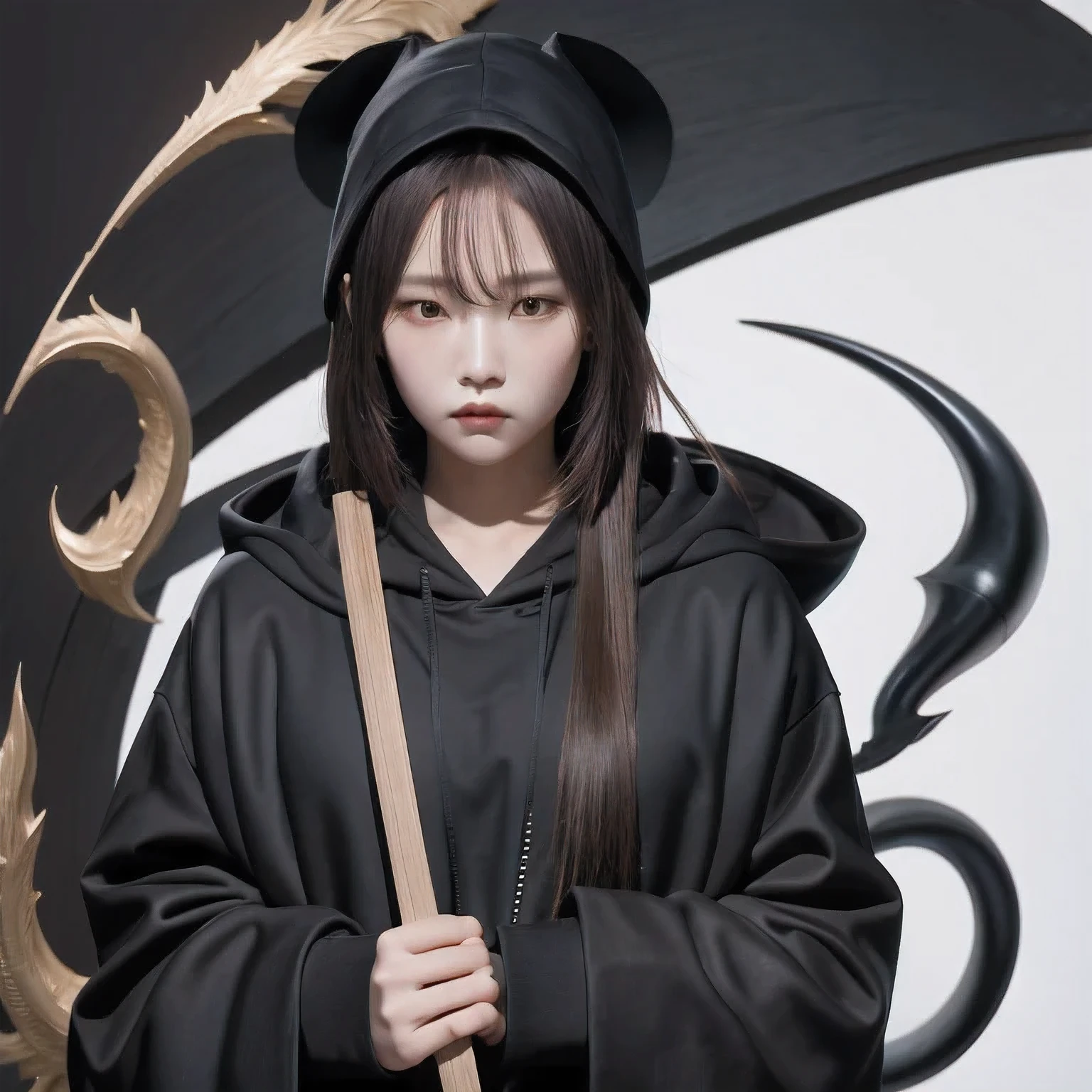 Black Grim Reaper,((flax))Pure white background，Pure black clothes，Pure black hoodie，Pure Black Scythe，Squinting，Dark Canyon，Thick fog rising