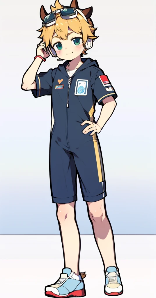 Second dimension boy teenager，Siamese spacesuit，horn，Cow ears，Put the headphones on your head，stand up，goggles，sports shoes，Slim，Sailor collar，White knee socks，Short sleeve shorts，Leg ring，cute，happy