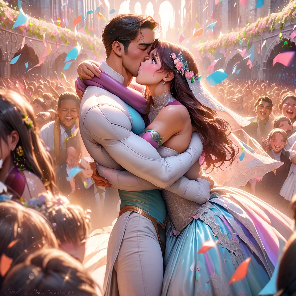 (tight embrace,affectionate hug:1.2)Titans Raven and Starfire (kissing,smooching:1.1)passionately amid their (romantic,wedding photo:1.1)session, wearing (sexy,alluring:1.2) super hero themed wedding dresses. The scene is (filled,packed:bustling) with a (massive,huge,enormous) crowd (cheering,celebrating) their (beautiful,love-filled:blessed) union. The bride's eyes sparkle with (admiration,affection) as the groom's lips tenderly brush against hers. The atmosphere is (electric,exciting) and (overflowing,abounding) with (joy,happiness), capturing the vibrant (energy,aura) of this (momentous,special) occasion. The medium employed to create this artwork is (masterful,exquisite) illustration, crafted with meticulous attention to detail. The textures are (rich,luxurious) and the colors are vibrant, accentuating the radiance of the scene. The lighting is soft and (romantic,ethereal), casting a subtle glow on the couple, emphasizing their love and creating a dreamlike atmosphere. The artwork is of the (highest quality,masterpiece:1.2), offering incredible (detail,precision) and (clarity,sharpness). Each stroke of the brush is meticulously placed, resulting in an ultra-detailed, (realistic,photo-realistic:1.37) portrayal of this cherished moment. The image is captured in (highres,4k:1.2), allowing for every nuance and expression to be visible. The overall artistic style of this piece is a blend of (romanticism,fantasy), with elements of (elegance,sophistication). It beautifully captures the essence of (love,romance) in a (super hero,fantasy) setting, providing a unique and captivating interpretation of this (celebratory,joyous) occasion. The color palette used in this artwork is a combination of (bold,vibrant) tones, with hints of (pastel,soft) hues. The colors are carefully selected to evoke a sense of (passion,excitement) and (femininity,beauty), enhancing the overall aesthetic of the image. The (dreamy,soft) lighting illuminates the scene, casting gentle shadows and