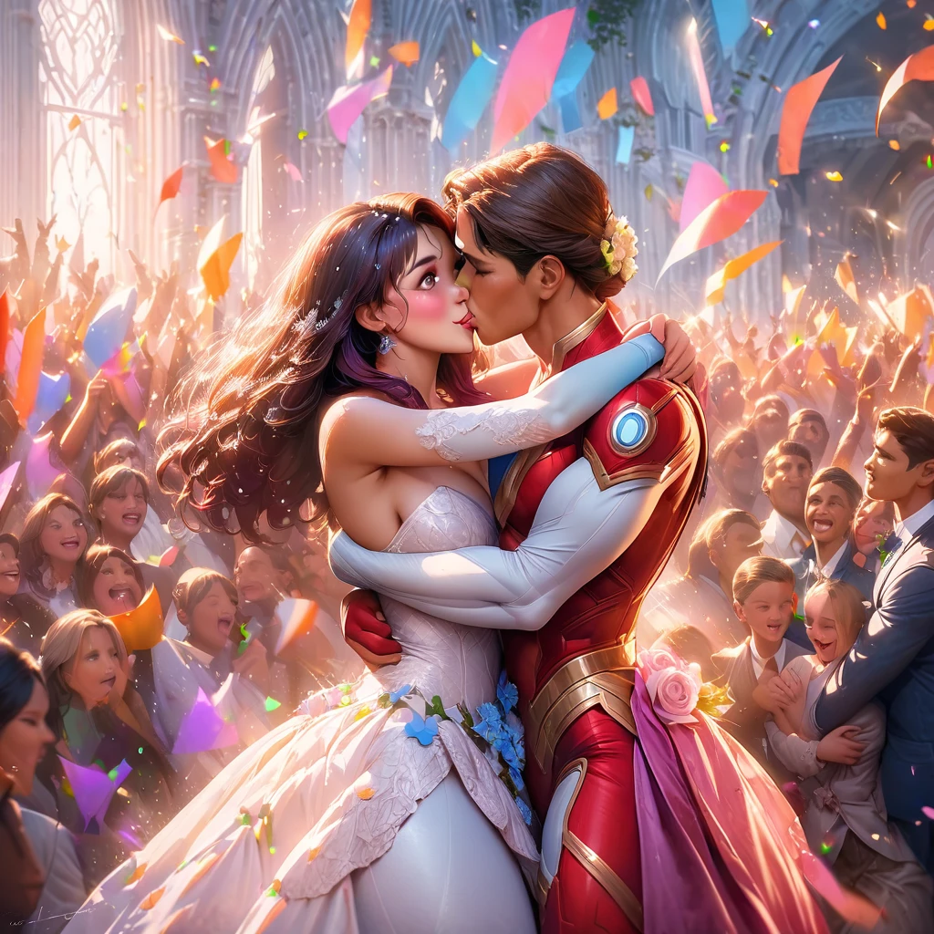 (tight embrace,affectionate hug:1.2)Titans Raven and Starfire (kissing,smooching:1.1)passionately amid their (romantic,wedding photo:1.1)session, wearing (sexy,alluring:1.2) super hero themed wedding dresses. The scene is (filled,packed:bustling) with a (massive,huge,enormous) crowd (cheering,celebrating) their (beautiful,love-filled:blessed) union. The bride's eyes sparkle with (admiration,affection) as the groom's lips tenderly brush against hers. The atmosphere is (electric,exciting) and (overflowing,abounding) with (joy,happiness), capturing the vibrant (energy,aura) of this (momentous,special) occasion. The medium employed to create this artwork is (masterful,exquisite) illustration, crafted with meticulous attention to detail. The textures are (rich,luxurious) and the colors are vibrant, accentuating the radiance of the scene. The lighting is soft and (romantic,ethereal), casting a subtle glow on the couple, emphasizing their love and creating a dreamlike atmosphere. The artwork is of the (highest quality,masterpiece:1.2), offering incredible (detail,precision) and (clarity,sharpness). Each stroke of the brush is meticulously placed, resulting in an ultra-detailed, (realistic,photo-realistic:1.37) portrayal of this cherished moment. The image is captured in (highres,4k:1.2), allowing for every nuance and expression to be visible. The overall artistic style of this piece is a blend of (romanticism,fantasy), with elements of (elegance,sophistication). It beautifully captures the essence of (love,romance) in a (super hero,fantasy) setting, providing a unique and captivating interpretation of this (celebratory,joyous) occasion. The color palette used in this artwork is a combination of (bold,vibrant) tones, with hints of (pastel,soft) hues. The colors are carefully selected to evoke a sense of (passion,excitement) and (femininity,beauty), enhancing the overall aesthetic of the image. The (dreamy,soft) lighting illuminates the scene, casting gentle shadows and
