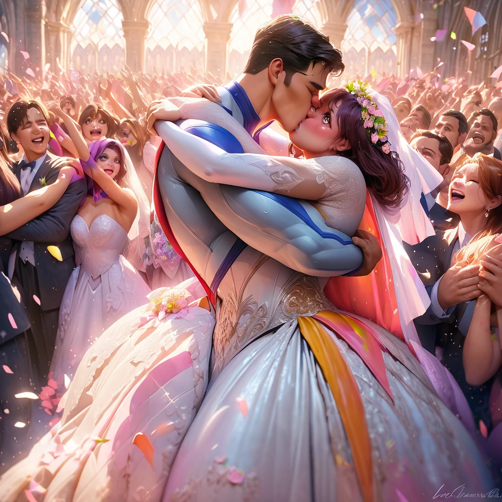 (tight embrace,affectionate hug:1.2)Titans Raven and Starfire (kissing,smooching:1.1)passionately amid their (romantic,wedding photo:1.1)session, wearing (sexy,alluring:1.2) super hero themed wedding dresses. The scene is (filled,packed:bustling) with a (massive,huge,enormous) crowd (cheering,celebrating) their (beautiful,love-filled:blessed) union. The bride's eyes sparkle with (admiration,affection) as the groom's lips tenderly brush against hers. The atmosphere is (electric,exciting) and (overflowing,abounding) with (joy,happiness), capturing the vibrant (energy,aura) of this (momentous,special) occasion. The medium employed to create this artwork is (masterful,exquisite) illustration, crafted with meticulous attention to detail. The textures are (rich,luxurious) and the colors are vibrant, accentuating the radiance of the scene. The lighting is soft and (romantic,ethereal), casting a subtle glow on the couple, emphasizing their love and creating a dreamlike atmosphere. The artwork is of the (highest quality,masterpiece:1.2), offering incredible (detail,precision) and (clarity,sharpness). Each stroke of the brush is meticulously placed, resulting in an ultra-detailed, (realistic,photo-realistic:1.37) portrayal of this cherished moment. The image is captured in (highres,4k:1.2), allowing for every nuance and expression to be visible. The overall artistic style of this piece is a blend of (romanticism,fantasy), with elements of (elegance,sophistication). It beautifully captures the essence of (love,romance) in a (super hero,fantasy) setting, providing a unique and captivating interpretation of this (celebratory,joyous) occasion. The color palette used in this artwork is a combination of (bold,vibrant) tones, with hints of (pastel,soft) hues. The colors are carefully selected to evoke a sense of (passion,excitement) and (femininity,beauty), enhancing the overall aesthetic of the image. The (dreamy,soft) lighting illuminates the scene, casting gentle shadows and