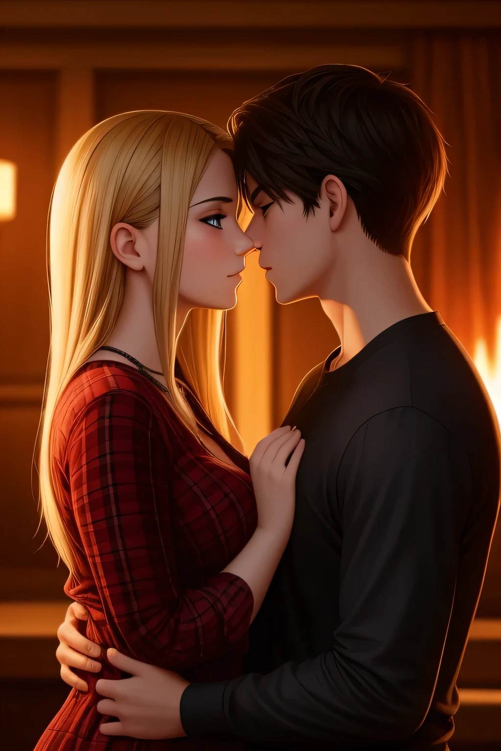 (best quality,4k,8k,highres,masterpiece:1.2),ultra-detailed,(realistic,photorealistic,photo-realistic:1.37),portrait,romantic,dark lighting,red dress,flannel shirt and jeans,sexy girl,sexy boy,passionate kissing,close-up,interior setting,emotion-filled,hot embrace,lustful gaze,seductive atmosphere,deeply intertwined,desire,romantic tension,intimate connection,alluring,fire in their eyes,enticing chemistry,whispered breaths,impassioned interaction,dark romanticism,rousing,erotic tension,emotional intensity,melting into each other,captured desire,flickering flames,yearning,provocative gestures,electric atmosphere,midnight rendezvous,intense attraction,red and black colors,desire written on their faces,unleashed passion,secrets in their eyes,raging desire.