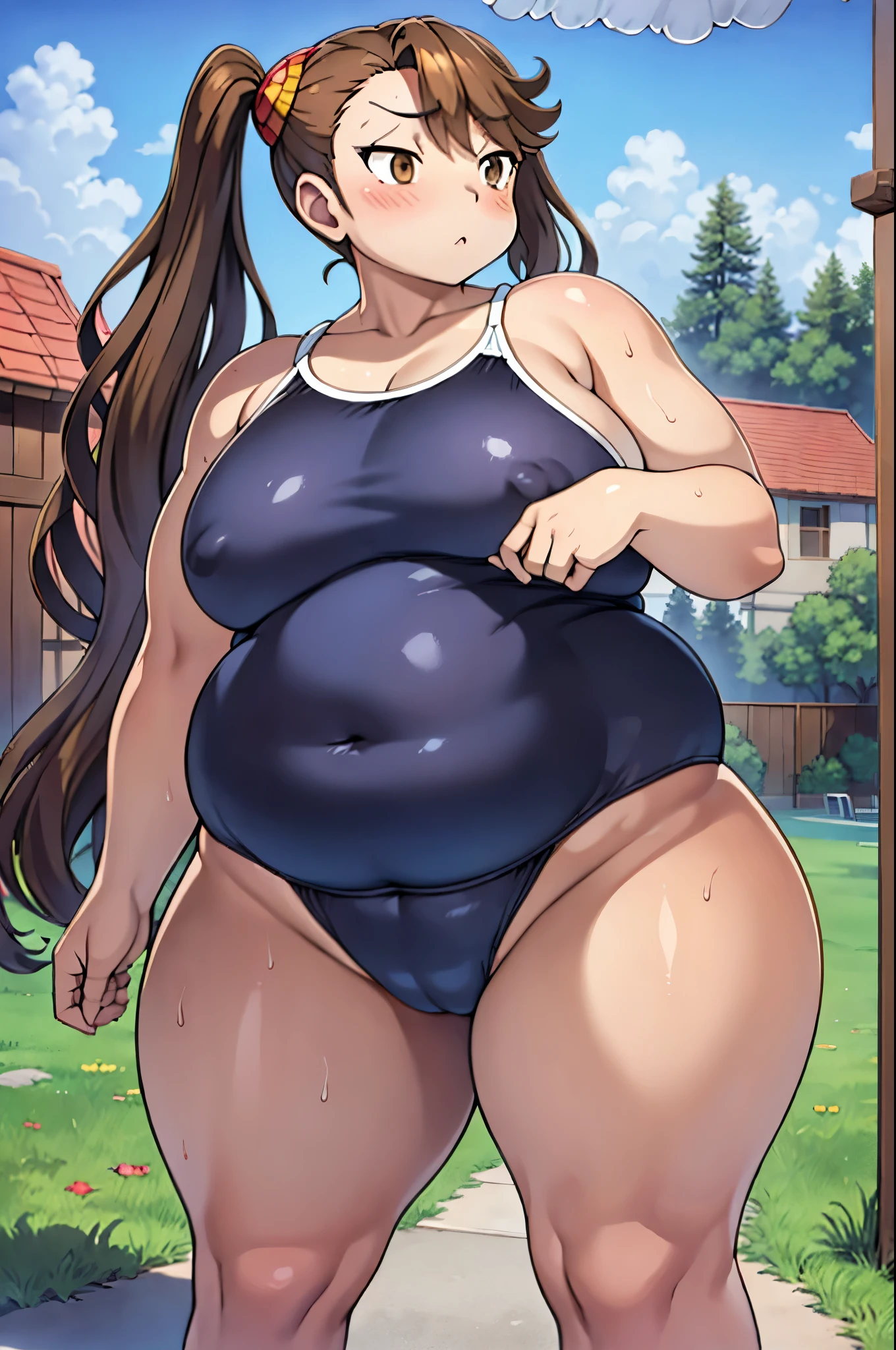 A girl wearing a school swimsuit((From before)),Brown Hair,Light brown eyes,pigtails,BIG Boned,On the ground,steam,vapor,tall,Sweat,Being outside,weather((Clear skies)),Beautiful curves,Mid-length hair