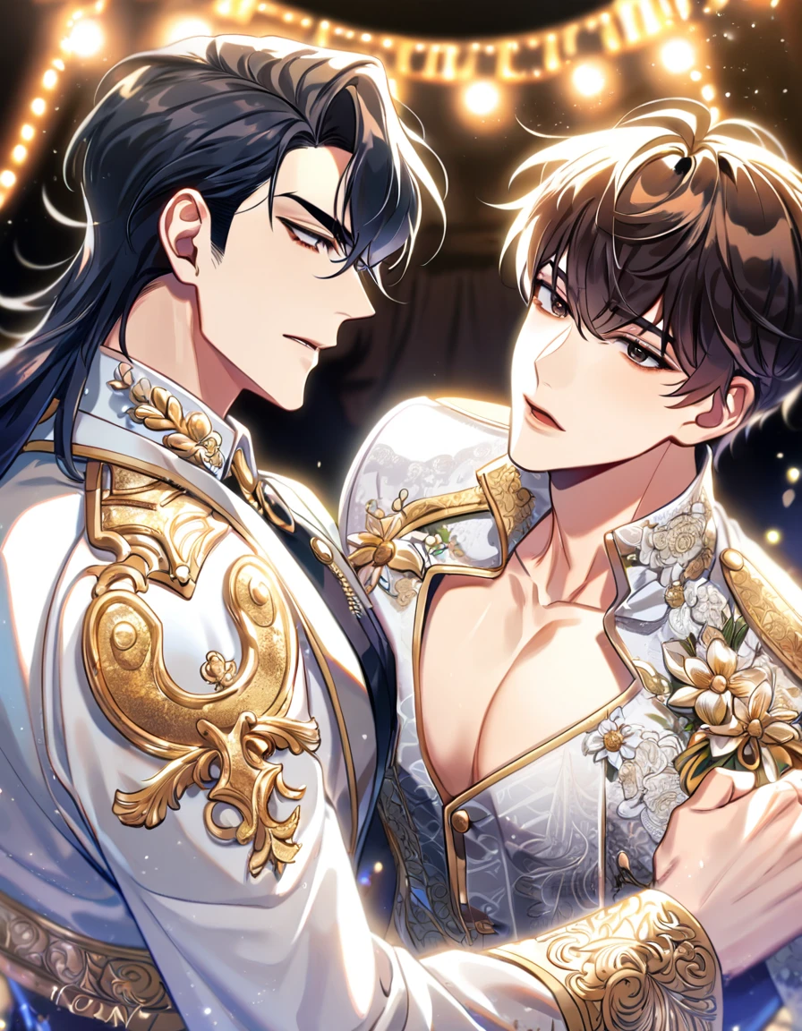 (absurdres, highres, ultra detailed, HDR) master piece, best quality, perfect face, delicated features, black straight hair, with bangs, Kim Dokja x Yoo Joonghyuk, expressive brown eyes, Omniscient reader's viewpoint, two men together, handsome, gay couple, yaoi, toned chest, white idol clothes with accessories, idol, patterns, cape, stage, lights, shining, flowers