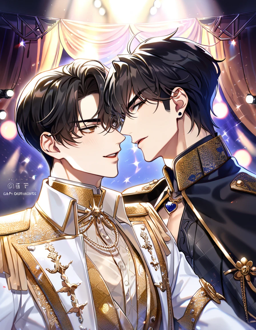 (absurdres, highres, ultra detailed, HDR) master piece, best quality, perfect face, delicated features, black straight hair, with bangs, Kim Dokja x Yoo Joonghyuk, expressive brown eyes, Omniscient reader's viewpoint, two men together, handsome, gay couple, yaoi, toned chest, white idol clothes with accessories, idol, patterns, cape, stage, lights, shining, flowers