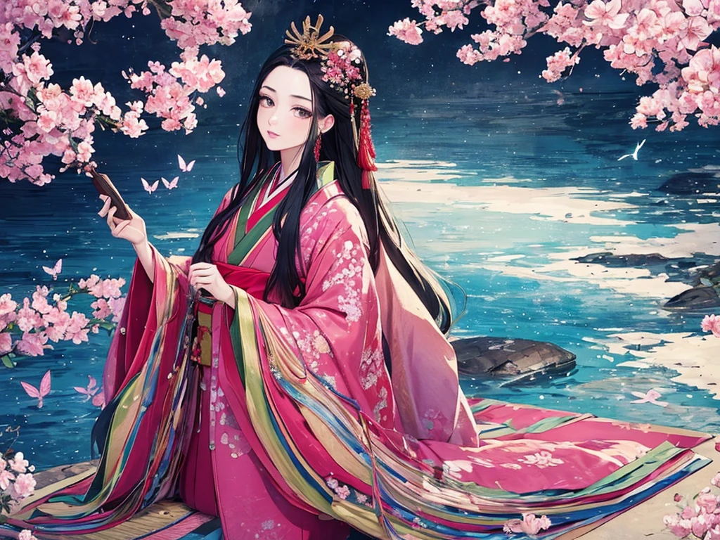 juunihitoe,(masterpiece, highest quality, highest quality,aesthetics:1.2),From the side,Esbian all over,1300 years ago,Japan_Heian period,noble,1Beautiful Princess,Beautiful Eyes,Clear skin,(Straight Hair Long beautiful black hair wealthy),(kimono Gentle pink hue The beauty of layered colors),Silk luster,Layered collar,Wide sleeves,Long hakama hem,dream-like,Elegant,highest quality,Beautiful graphics, Ultra Detail,butterfly,Fresh,The background is minimal,Image of a transparent robe,melt,Morning mist light