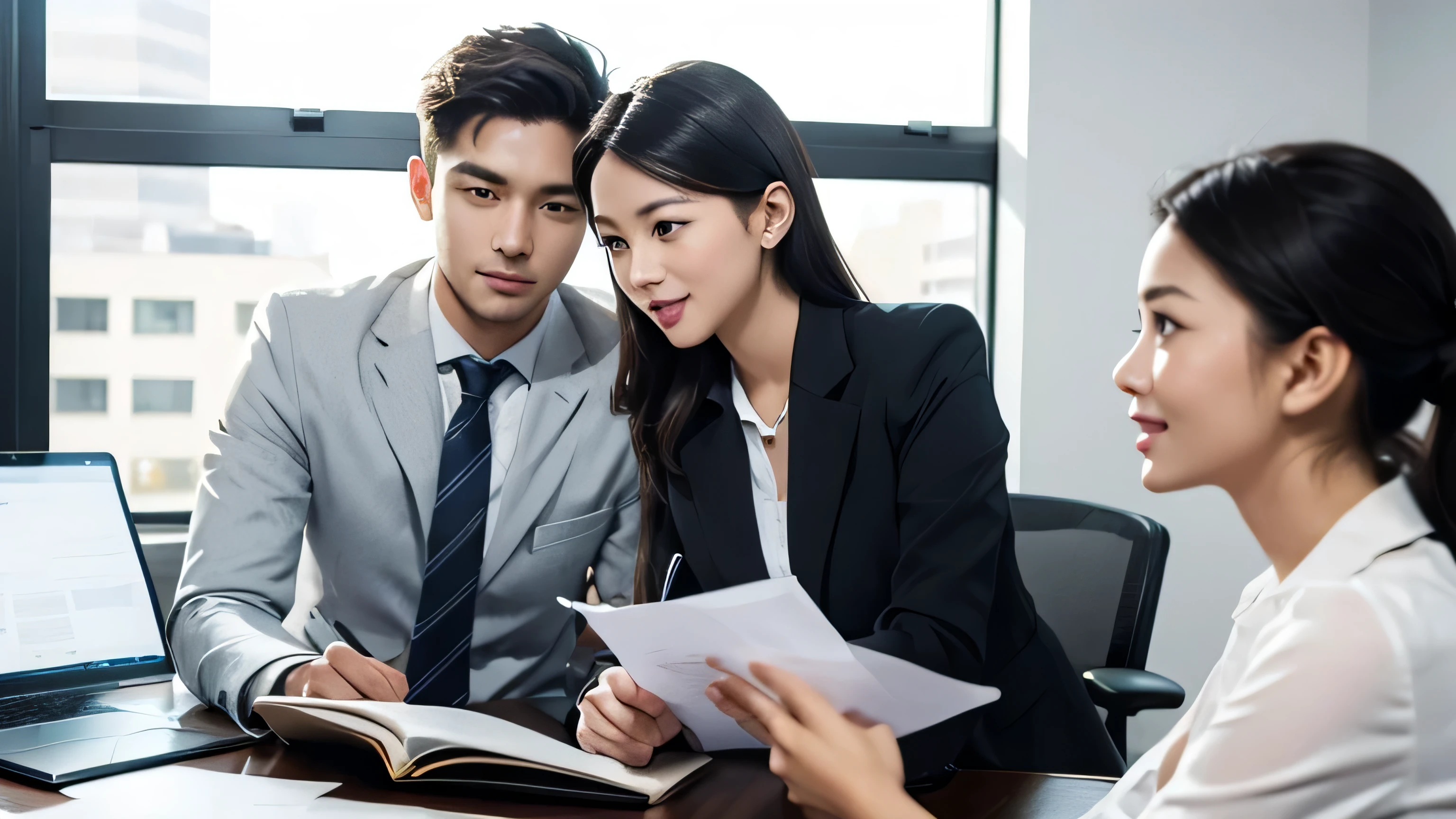 successful young business people discussing documents together at office