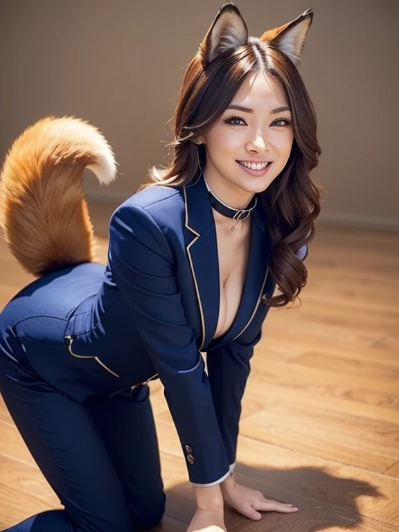 ((highest quality, 32k)), ((masterpiece)), (Familiar), Perfect Face, vixen, Pretty girl, Company Office, Has a tail, She has a northern fox tail., She stands up her fluffy tail, Dog collar, Beautiful hip line, Big Breasts, She is wearing a pantsuit, A big tail sticks out, smile, Climb on all fours, Nice body