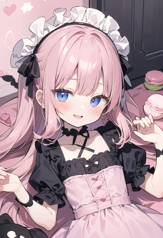 Dynamic Angle, Fisheye Lens,
, One girl, Pink cute dress,
Blunt bangs, Dark blue eyes, Tilt your head, A light smile, Open your mouth, (Eyes half closed),
A sense of scale and depth,(((( Cute pink room )))),,((((Pink Gothic Room)))),(Messy room, March ,Macaroons,candy,Heart Items,ribbon,Star Item, Small window),((Miscellaneous items are placed in a disorganized manner:1.5)),dresser,antimacassar ,