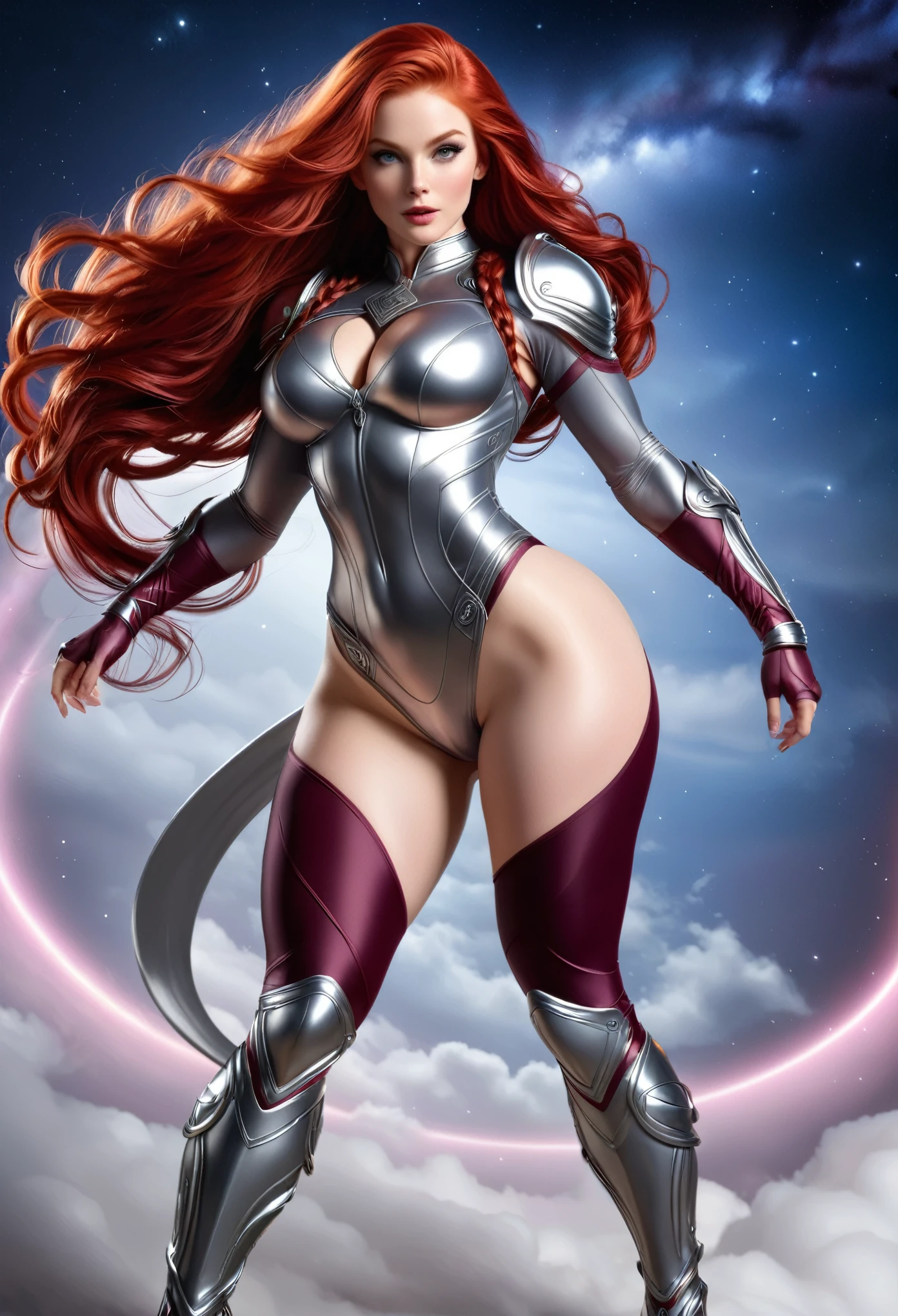 BOMBSHELL RED HAIR VALKYRIE, PALE SKIN, LIGHT GRAY EYES, HIGH CHEEKBONES, ROSY CHEEKS, MENTAL FORAMEN, HUGE LONG HAIR, DOUBLE BRAID HAIR, SILVER THONG LEOTARD ARMOUR, LONG SLEEVES, BORDEAUX UNDER BODYSUIT, NECK BODYSUIT, LONG SILVER GAUNTLETS, ATHLETIC CURVY BODY, DETAILED QUADRICEPS, MUSCLES, SIDE BODY VIEW, FULL BODY PERSPECTIVE, SPRITE LIGHTINGS, NIGHT SKY, ACCURATE IMAGE, MASTERPIECE.