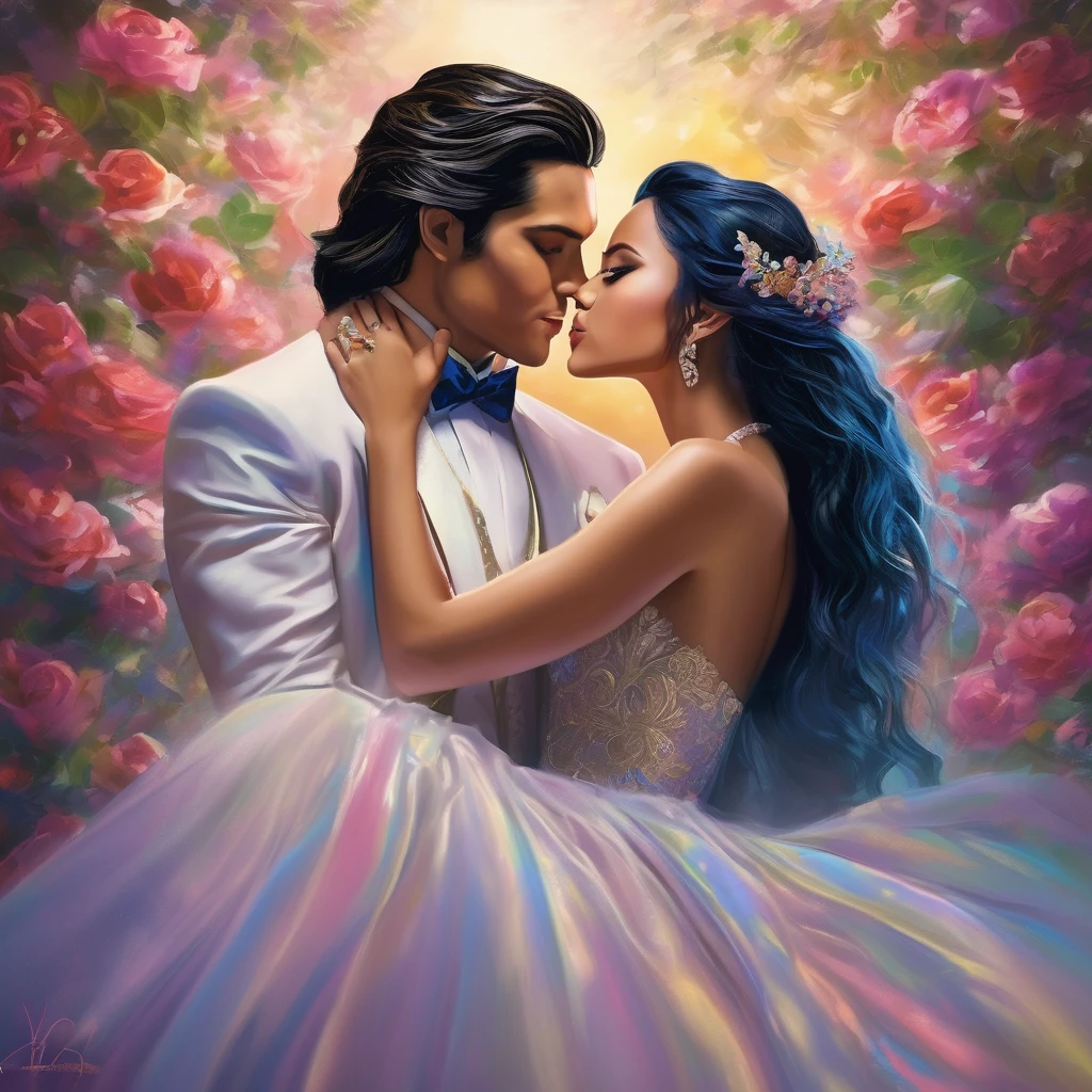 (tight embrace,affectionate hug:1.2)Titans Raven and Starfire (kissing,smooching:1.1)passionately amid their (romantic,wedding photo:1.1)session, wearing (sexy,alluring:1.2) super hero themed wedding dresses. The scene is (filled,packed:bustling) with a (massive,huge,enormous) crowd (cheering,celebrating) their (beautiful,love-filled:blessed) union. The bride's eyes sparkle with (admiration,affection) as the groom's lips tenderly brush against hers. The atmosphere is (electric,exciting) and (overflowing,abounding) with (joy,happiness), capturing the vibrant (energy,aura) of this (momentous,special) occasion. The medium employed to create this artwork is (masterful,exquisite) illustration, crafted with meticulous attention to detail. The textures are (rich,luxurious) and the colors are vibrant, accentuating the radiance of the scene. The lighting is soft and (romantic,ethereal), casting a subtle glow on the couple, emphasizing their love and creating a dreamlike atmosphere. The artwork is of the (highest quality,masterpiece:1.2), offering incredible (detail,precision) and (clarity,sharpness). Each stroke of the brush is meticulously placed, resulting in an ultra-detailed, (realistic,photo-realistic:1.37) portrayal of this cherished moment. The image is captured in (highres,4k:1.2), allowing for every nuance and expression to be visible. The overall artistic style of this piece is a blend of (romanticism,fantasy), with elements of (elegance,sophistication). It beautifully captures the essence of (love,romance) in a (super hero,fantasy) setting, providing a unique and captivating interpretation of this (celebratory,joyous) occasion. The color palette used in this artwork is a combination of (bold,vibrant) tones, with hints of (pastel,soft) hues. The colors are carefully selected to evoke a sense of (passion,excitement) and (femininity,beauty), enhancing the overall aesthetic of the image. The (dreamy,soft) lighting illuminates the scene, casting gentle shadows and