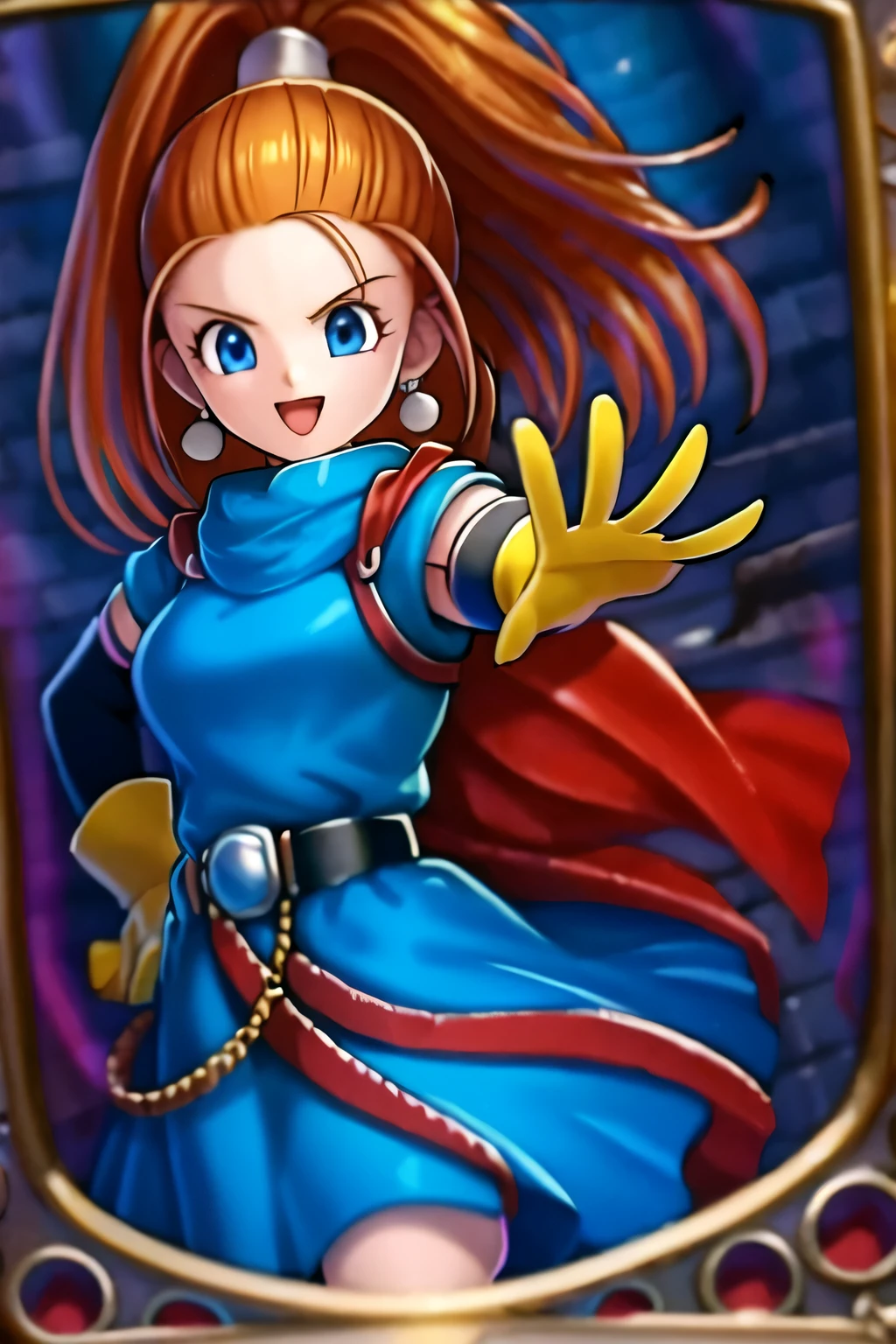 (masterpiece, best quality:1.2), 1girl, solo,Portrait,Five fingers,No background,Blue clothes,Red Cape,Yellow gloves,Black belt with round silver buckle,very cute