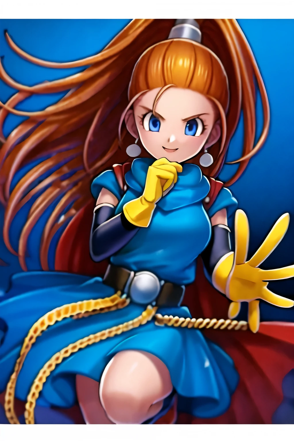 (masterpiece, best quality:1.2), 1girl, solo,Portrait,Five fingers,No background,Blue clothes,Red Cape,Yellow gloves,Black belt with round silver buckle,very cute