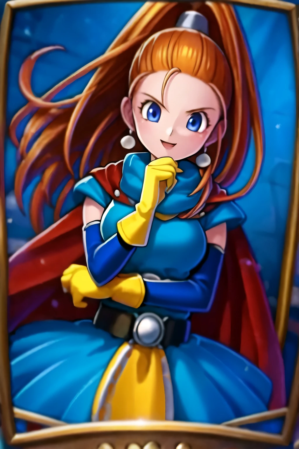 (masterpiece, best quality:1.2), 1girl, solo,Portrait,Five fingers,No background,Blue clothes,Red Cape,Yellow gloves,Black belt with round silver buckle,very cute