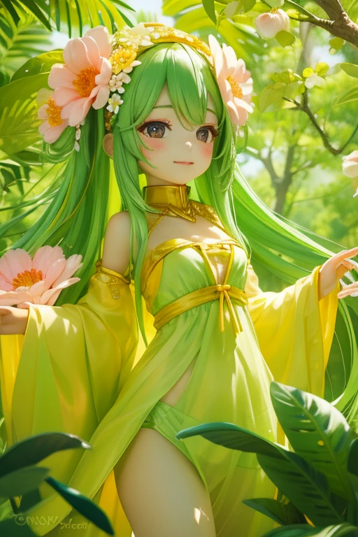 Natural forest in the background,The flower goddess has a hot and sexy body, Second Dimension, Bright and brilliant, Very cute face, Abundant bloom