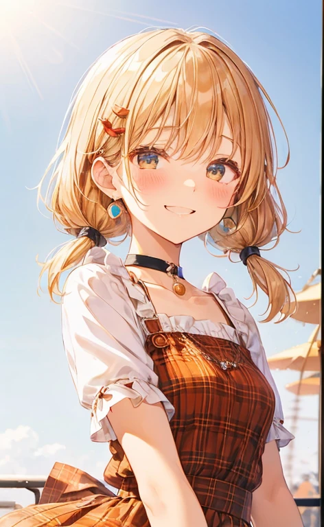 highest quality、Tabletop、1 Female、sottle:1.4),Smile、Close your mouth、Brown Single Blade、white 、Black socks、Checked skirt、Blushing、Akame、evening、There are many countryside、Big Sunset、Orange View、Small Necklace、