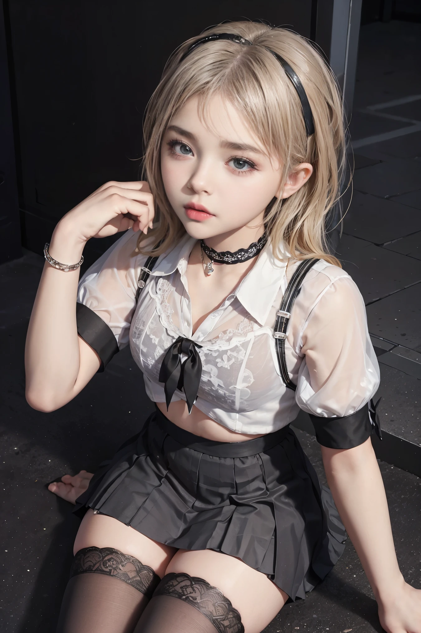 POV, Chloe Grace Moretz, School girl, hands tied up, white and black uniform, white and black skirt, black lace choker, white lace thigh highs, looking at viewer, class room background, kneeling on ground, looking up at viewer, seductive, dark eyeliner, sexy eyeliner, hands tied and bound