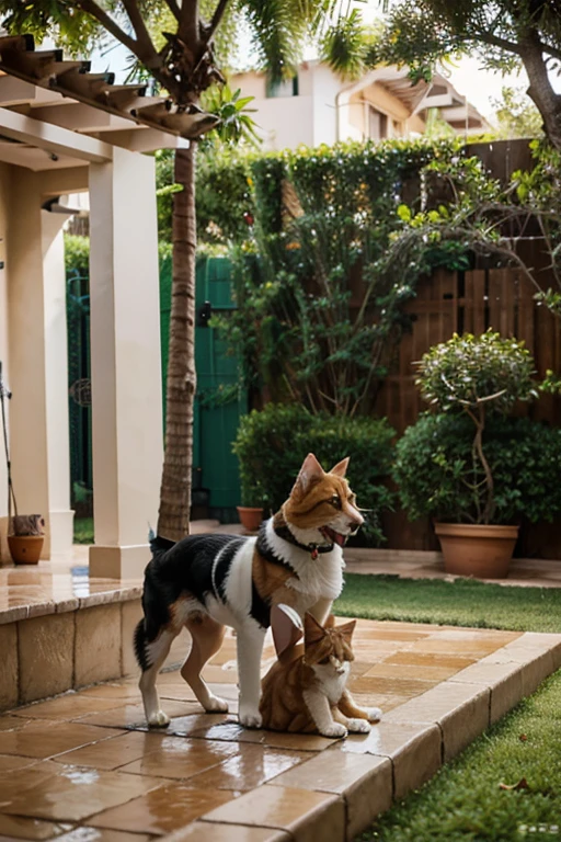 Perro rodeado de colinas amigo de un gato .lluvia y un arbol 
Jardin 
Perro y gato jugando 
Casa de un granjero 