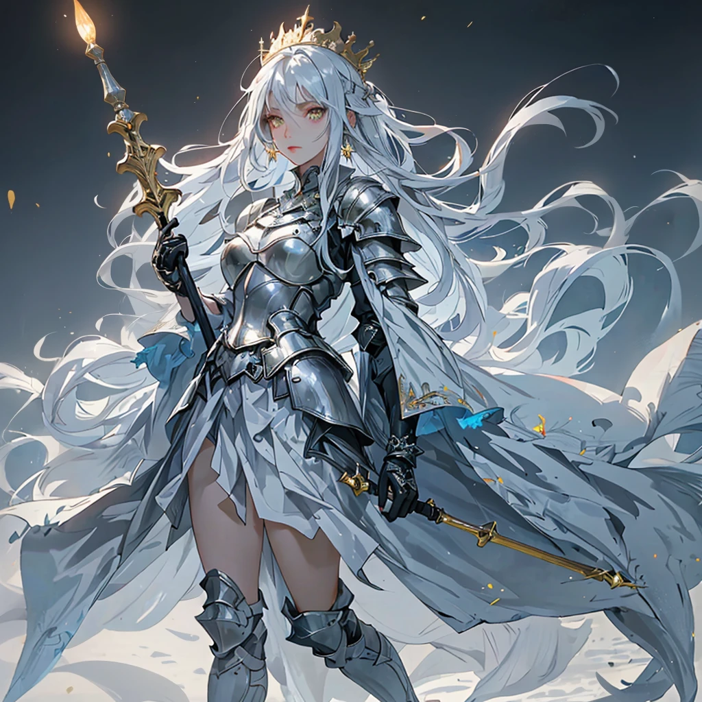 (best quality, high quality) (full body) A knight in dark armor stands in a position that exudes strength outside of a castle. The intricate armor is adorned with gold details and emits a light blue aura. The knight wears a matching crown, and their silver hair flows in the wind. Their face is strikingly beautiful, with piercing yellow eyes that draw attention. The knight holds an ornate spear, The scene is lit with realistic illumination, enhancing the details and atmosphere.
