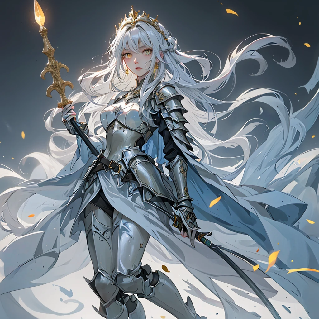 (best quality, high quality) (full body) A knight in dark armor stands in a position that exudes strength outside of a castle. The intricate armor is adorned with gold details and emits a light blue aura. The knight wears a matching crown, and their silver hair flows in the wind. Their face is strikingly beautiful, with piercing yellow eyes that draw attention. The knight holds an ornate spear, The scene is lit with realistic illumination, enhancing the details and atmosphere.
