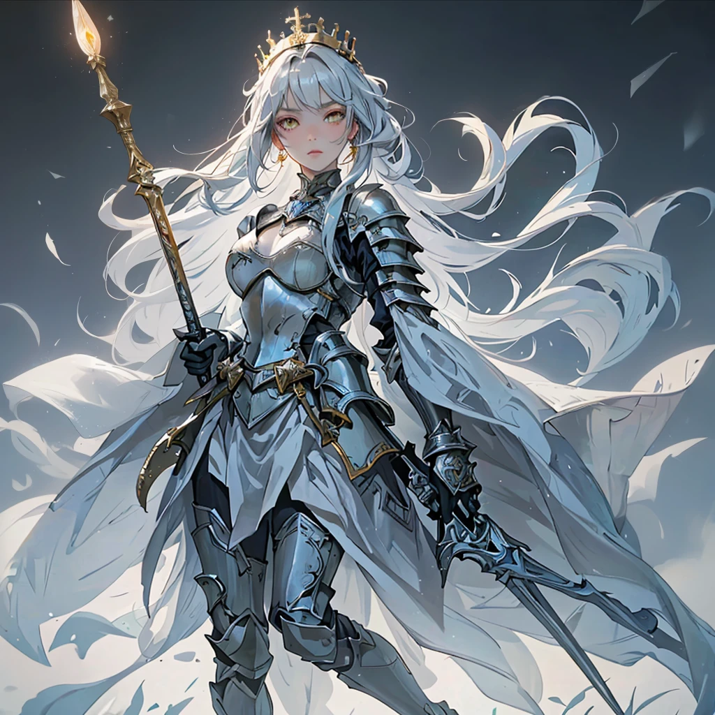 (best quality, high quality) (full body) A knight in dark armor stands in a position that exudes strength outside of a castle. The intricate armor is adorned with gold details and emits a light blue aura. The knight wears a matching crown, and their silver hair flows in the wind. Their face is strikingly beautiful, with piercing yellow eyes that draw attention. The knight holds an ornate spear, The scene is lit with realistic illumination, enhancing the details and atmosphere.
