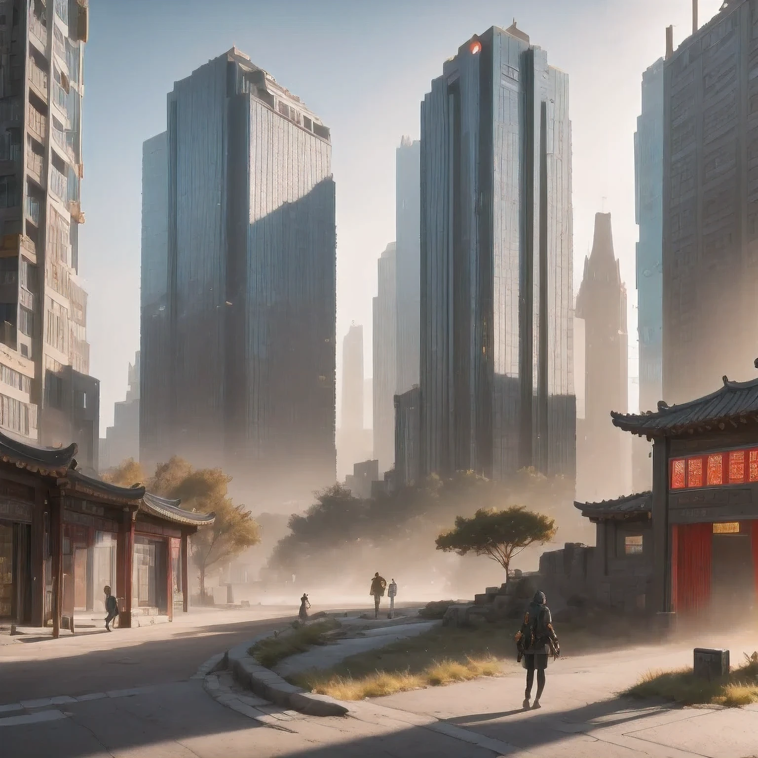 buildings in a city with a pagoda in the middle of the city, cyberpunk chinese ancient castle, stylized urban fantasy artwork, dreamy chinese town, concept art ， highly rendered, game art matte painting, matte painting 4k 8k, cinematic. by leng jun, in a tropical and dystopic city, 8k matte painting, 8 k matte painting，（（（cyberpunk）））