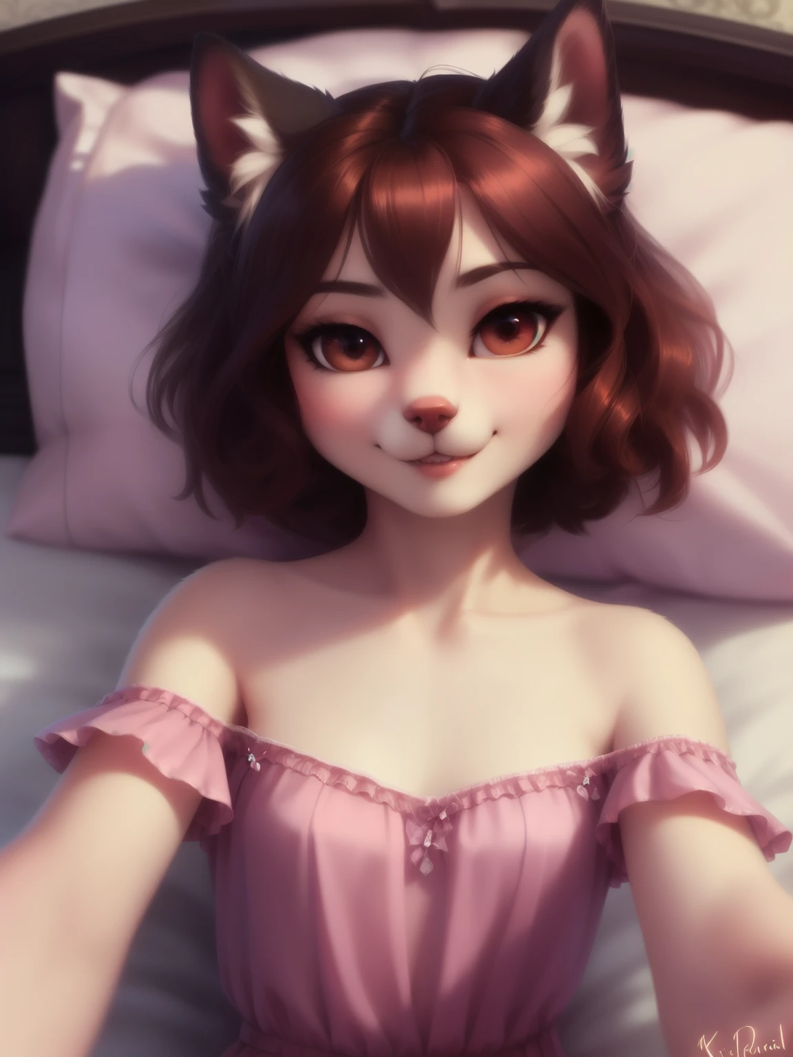 (source_e621), A beautiful and detailed (sweet portrait), ((young anthro domistic dog)), anatomically correct, Schlank, Small breasts, Hochgeladen E621, detailed flauschige fur, (von Fluff-Kevlar, Bayard Wu, personalami, Pino Daeni), 1girl, off shoulder dress, adorable, facing viewer, on bed, missionary position, legs spread, 1girl, realistic, ultra sharp image, view from above, (solo), first person view, cleavage, masterpiece, lying on her back, half body, beautiful hair, seductive gaze, waiting, (kissy face), (Kissing mouth), teeth, short hair, perfect eyes, bellybutton, absurd resolution, inviting, very young girl, floppy ears,