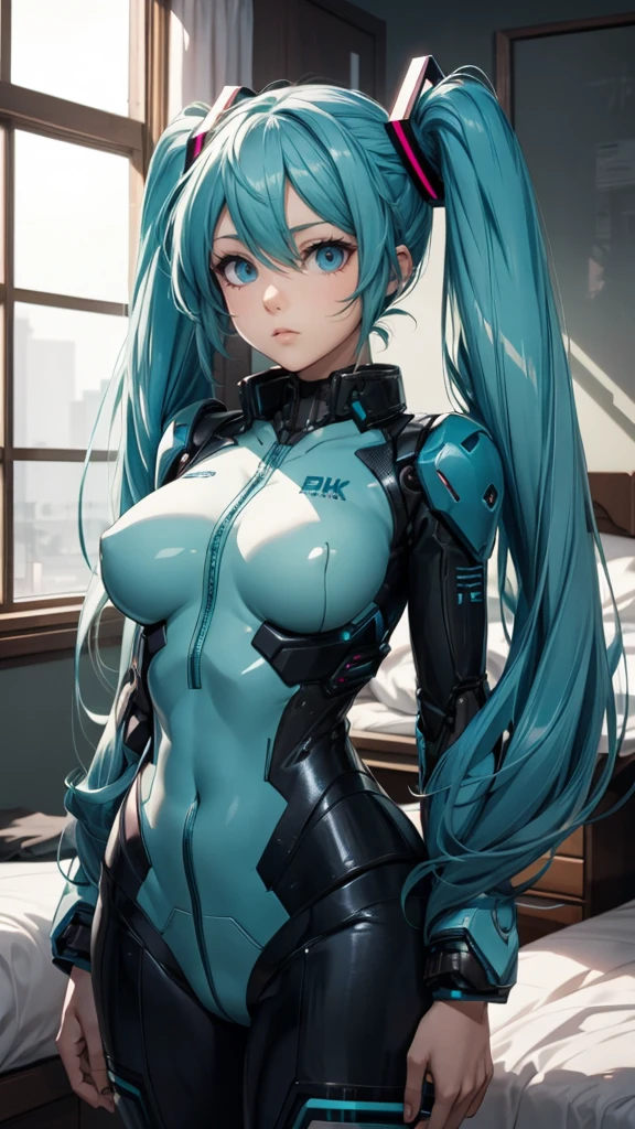Hatsune Miku Vocaloid, Twin Tails, Light Blue Eyes, Light Blue Hair, Bod ysuit, (mecha girl), Cyber punk, Ultimate Physical Beauty, Beautiful Eyes, big breasts, embarrassed look , bedroom, Bigchest, 8K CG, Top Quality, Best Image Quality,