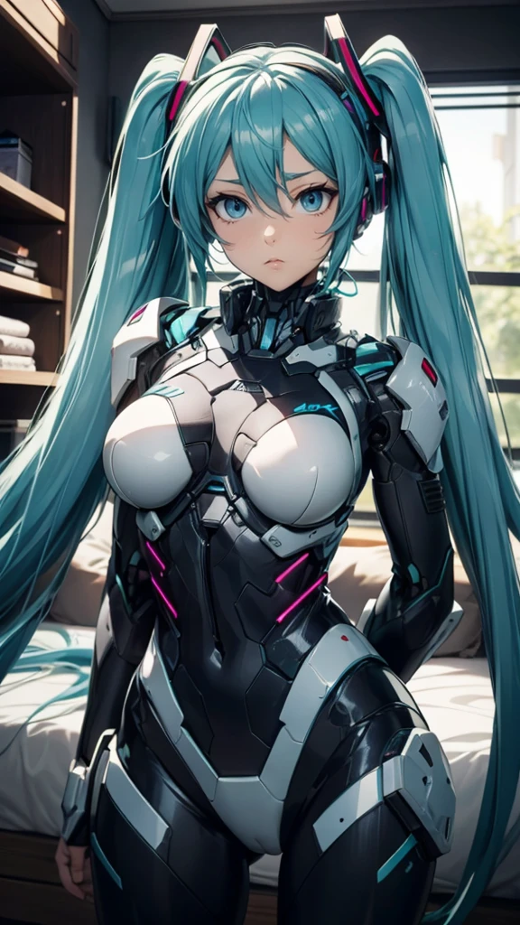 Hatsune Miku Vocaloid, Twin Tails, Light Blue Eyes, Light Blue Hair, Bod ysuit, (mecha girl), Cyber punk, Ultimate Physical Beauty, Beautiful Eyes, big breasts, embarrassed look , bedroom, Bigchest, 8K CG, Top Quality, Best Image Quality,