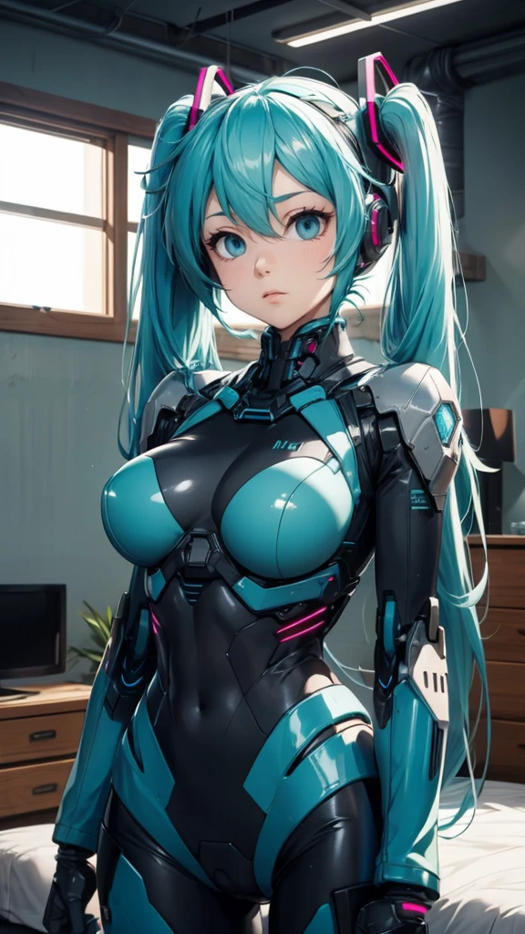 Hatsune Miku Vocaloid, Twin Tails, Light Blue Eyes, Light Blue Hair, Bod ysuit, (mecha girl), Cyber punk, Ultimate Physical Beauty, Beautiful Eyes, big breasts, embarrassed look , bedroom, Bigchest, 8K CG, Top Quality, Best Image Quality,